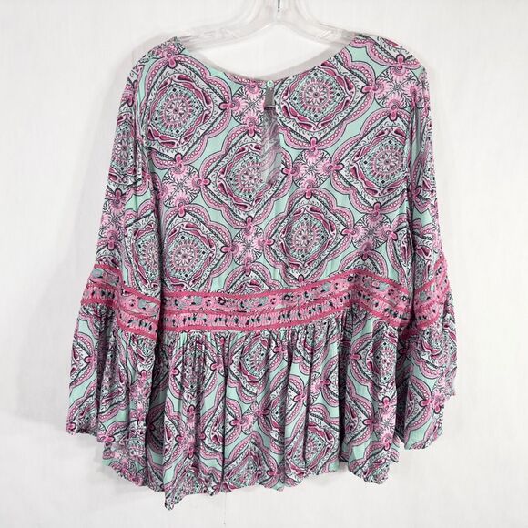 Crown Ivy Plus Size 0X Top Pink Green Peplum Hem Embroidered Bell Sleeves 1228 - Picture 2 of 9